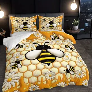 Cartoon Bee Daisy Honeycomb Bedding Set, 2-3pcs High-Quality Print, Home Kitchen Te, Seasonal Use, No Core Included, Bed Sheet Sets