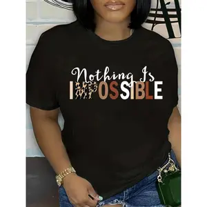 🏆Plus Size Empowerment Tee - Geometric Pattern, Crew Neck, Short Sleeve, Medium Stretch Polyester, Positioning Printing, Black Fashion, Oversized Fit for Spring/Summer