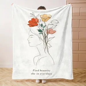 1PC Minimalist Style FlowersPrint Flannel Blanket Beautiful and Comfortable Warm Nap Blanket for Sofa, Bed, Office, Car, Camping Travel Blanket, Home Decoration - Four Seasons Gift