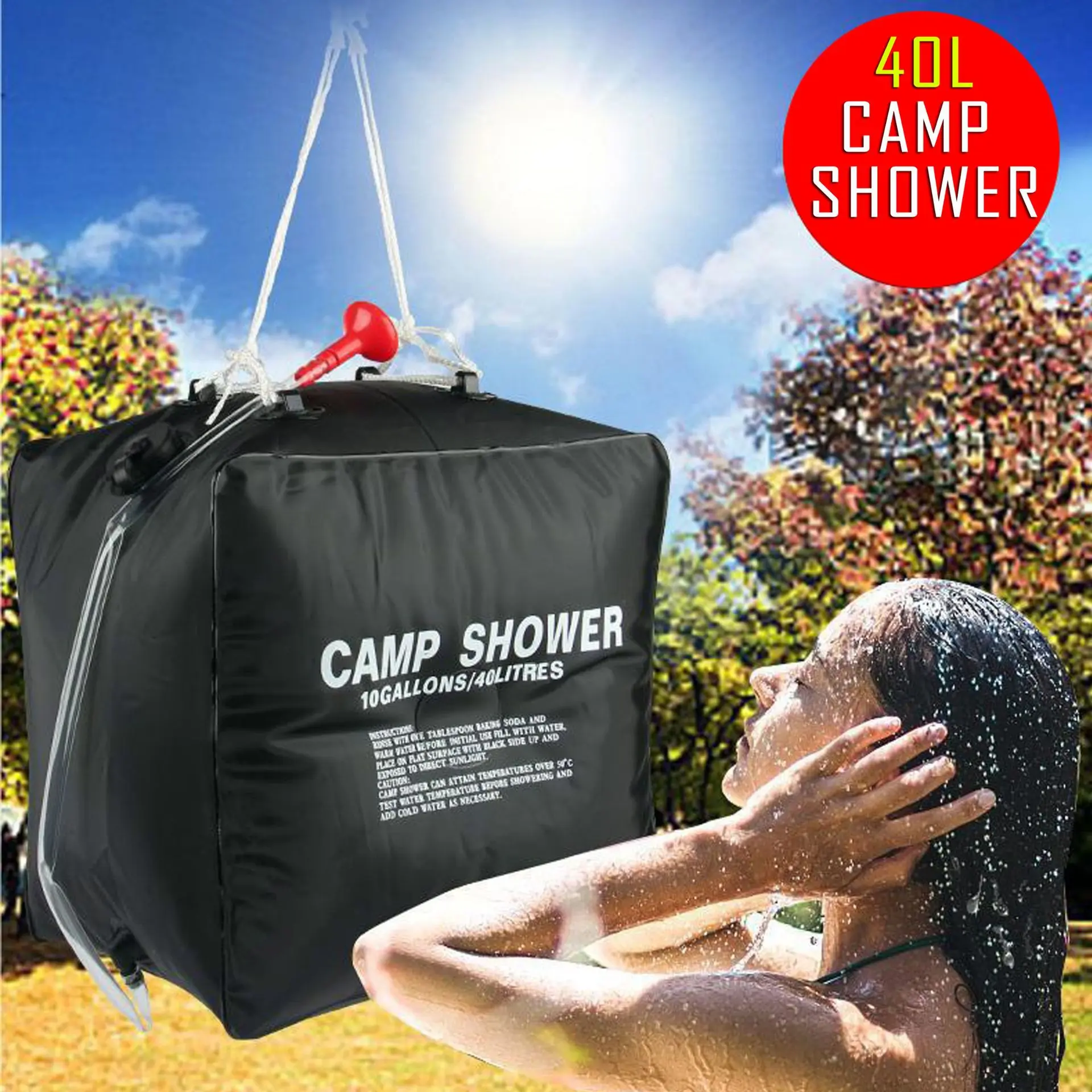 40L Solar Shower Bag, Thick PVC Portable Water Heater with Removable Hose and Camping Showerhead for Outdoor Bathing, Camping & Hiking, 40 Liters