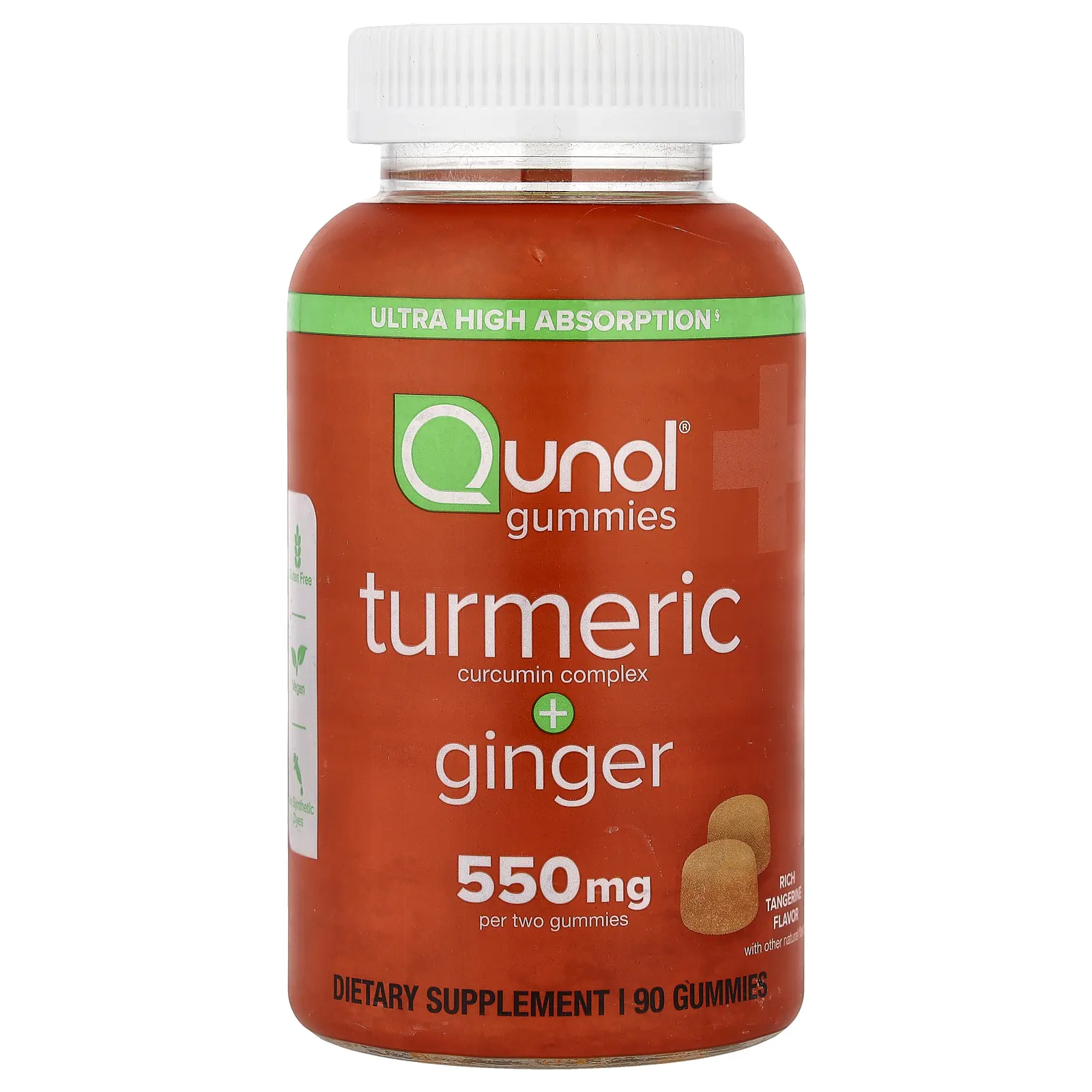 Qunol Turmeric Curcumin Complex + Ginger, Rich Tangerine, 90 Gummies