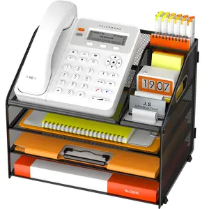 Metal Mesh Letter Tray with Handle, Space-Saving Desktop Storage Box, Desk Organizer, Includes Pen Holder and File Rack, Ideal for Office Home School