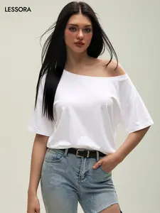 LESSORA Women's Off Shoulder Oversized Short Sleeve Top Casual Relaxed Fit Tee