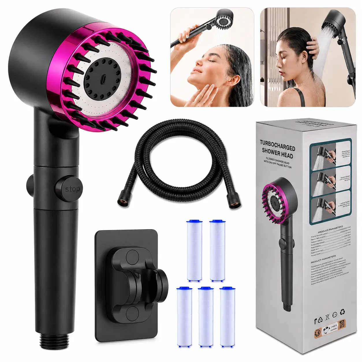 Turbo High Pressure Shower Head with 5 Filters + Hose & Bracket | Hard Water Filter Shower Head for Low Pressure – Removes Chlorine & Scale, Saves Water & Energy, Modern Spray Shower for Bathroom – Perfect for Kids, Pets & Sensitive Skin Families