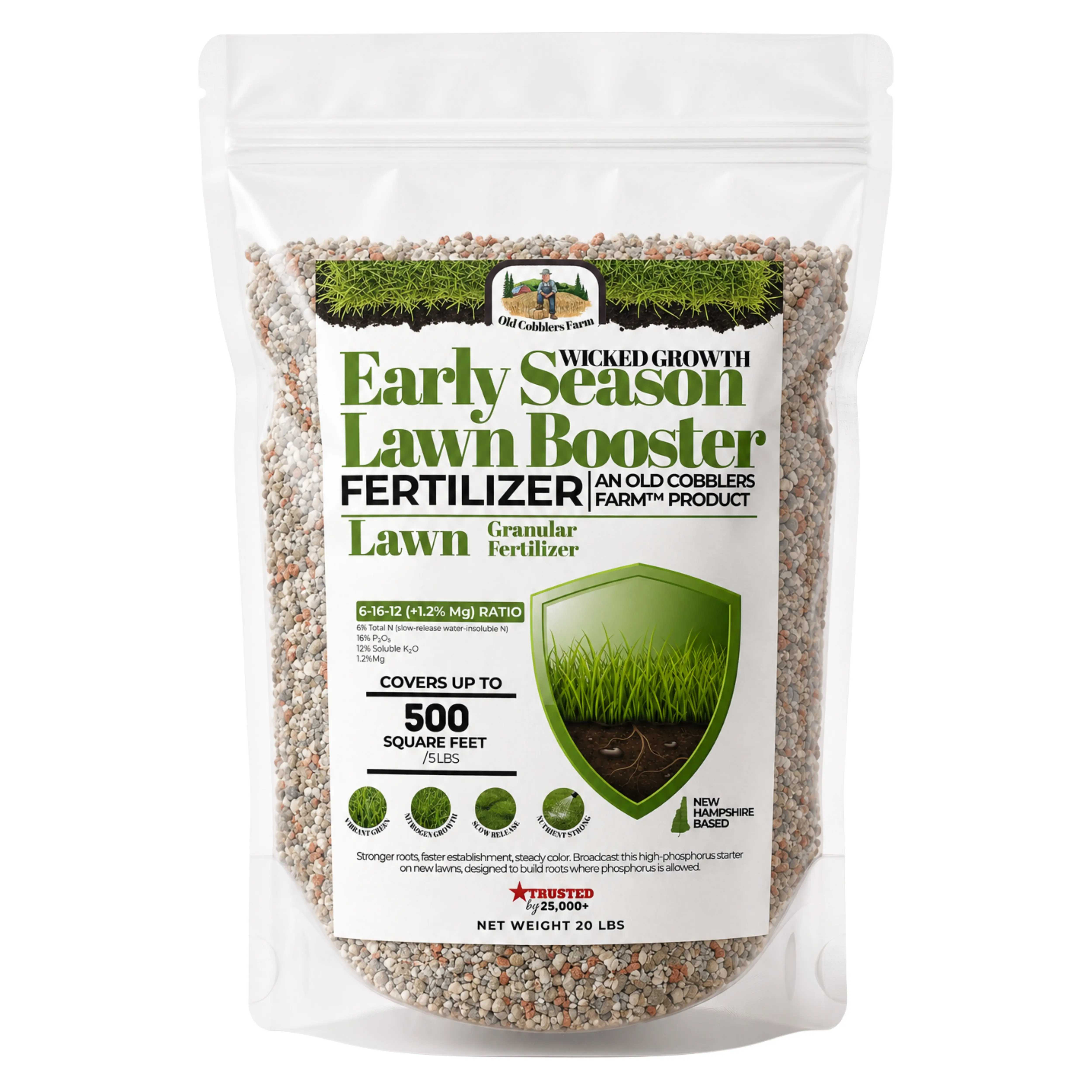 Old Cobblers Farm Wicked Growth Early Season Lawn Booster 6-16-12, High Phosphorus Starter Fertilizer for New Lawns, Grass Seed, Sod and Overseeding, Slow Release Nitrogen and Magnesium Granular Root Builder