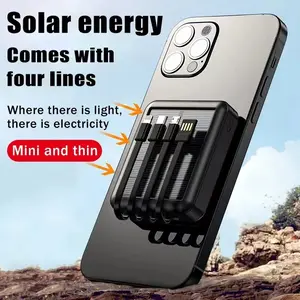 10000mAh Mini Power Bank Solar Charger Portable Charger, Solar Power Bank, Camping External Backup Battery Pack, Solar Panel Charger with 4 Built-in Cables LED Flashlight Battery Pack for Cell Phone