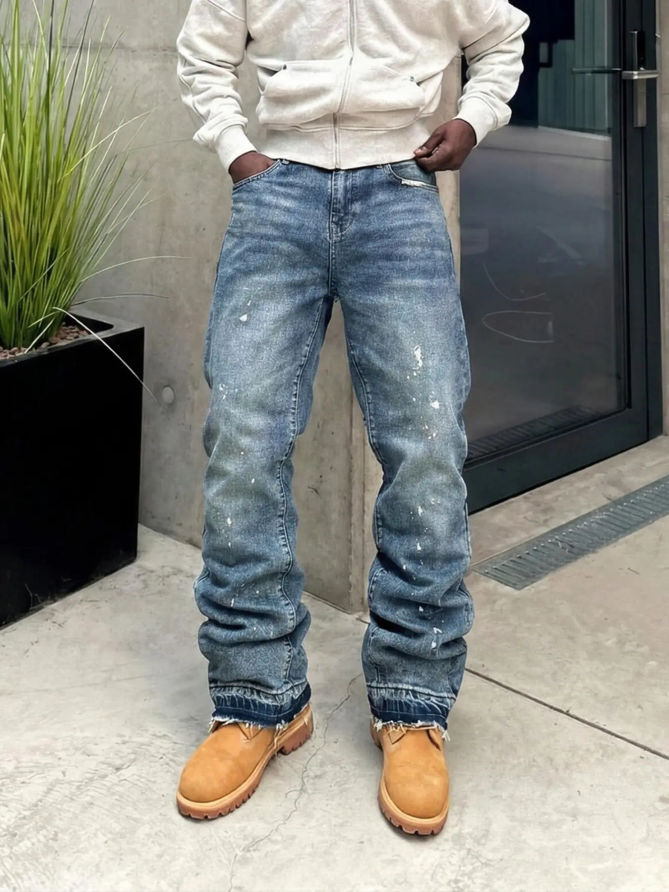 Men's High-End Classic Casual Streetwear, Loose-Fitting Jeans, All Seasons Button Fly Zipper Flare Pants, Plain Water Washed Denim Bottoms