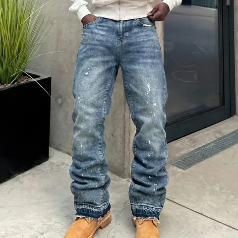 Men's High-End Classic Casual Streetwear, Loose-Fitting Jeans, All Seasons Button Fly Zipper Flare Pants, Plain Water Washed Denim Bottoms, Bootcut Flare Leg
