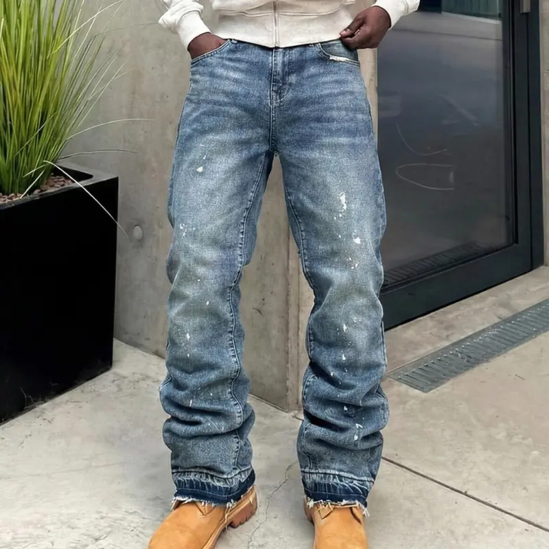 Men's High-End Classic Casual Streetwear, Loose-Fitting Jeans, All Seasons Button Fly Zipper Flare Pants, Plain Water Washed Denim Bottoms, Bootcut Flare Leg