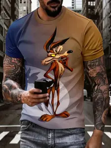 Cartoon Graphic Print Short Sleeve T-Shirt for Men, Casual Streetwear Style, Round Neck Pullover, Fitted H-Type, Long Clothing, No Collar, No Button