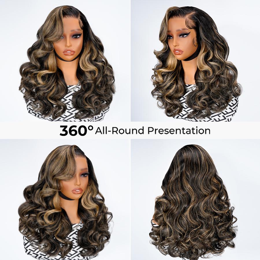 [200%Density]AliPearl Wigs Side Part Honey Blonde Balayage Highlight Wigs 13x4 Lace Front Wig Pre Styled Glueless Customized Wavy Human Hair
