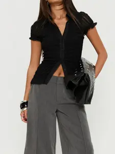 Women's Textured Lace Puffed Bubble Sleeve Button Shirt, Short Hem Asymmetrical Split Fitted Top, Stylish Feminine Casual Blouse for Everyday Wear Womenswear
