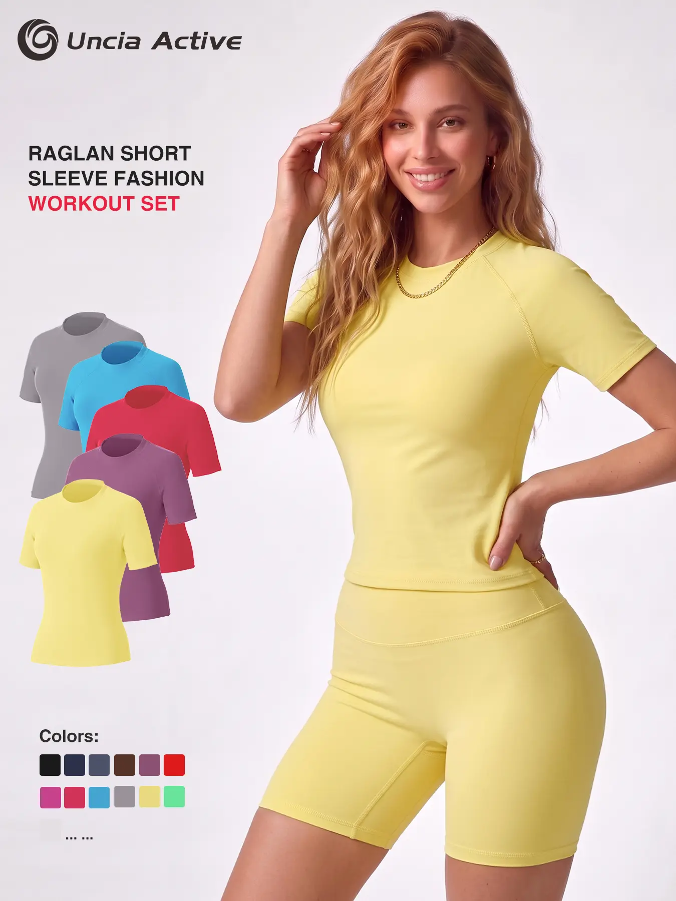 Uncia Active Women Stylish Raglan Short Sleeve Yoga Matching Set, Soft Stretch Crop Top & High Waist Biker Shorts Separates, Multi-Color Moisture Wicking Workout Activewear for Sports Daily Wear