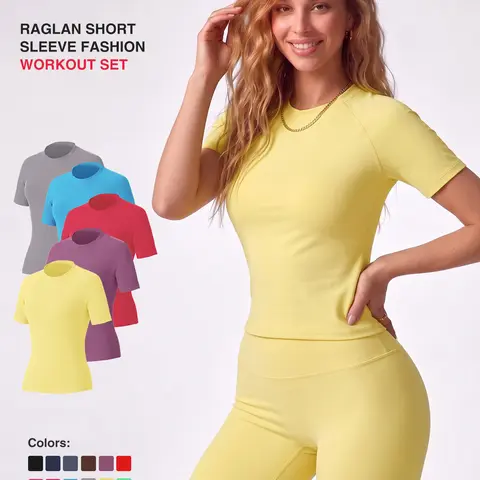 Uncia Active Women Stylish Raglan Short Sleeve Yoga Matching Set, Soft Stretch Crop Top & High Waist Biker Shorts Separates, Multi-Color Moisture Wicking Workout Activewear for Sports Daily Wear backtoschool,back to school,back to school haul tiktokshopba