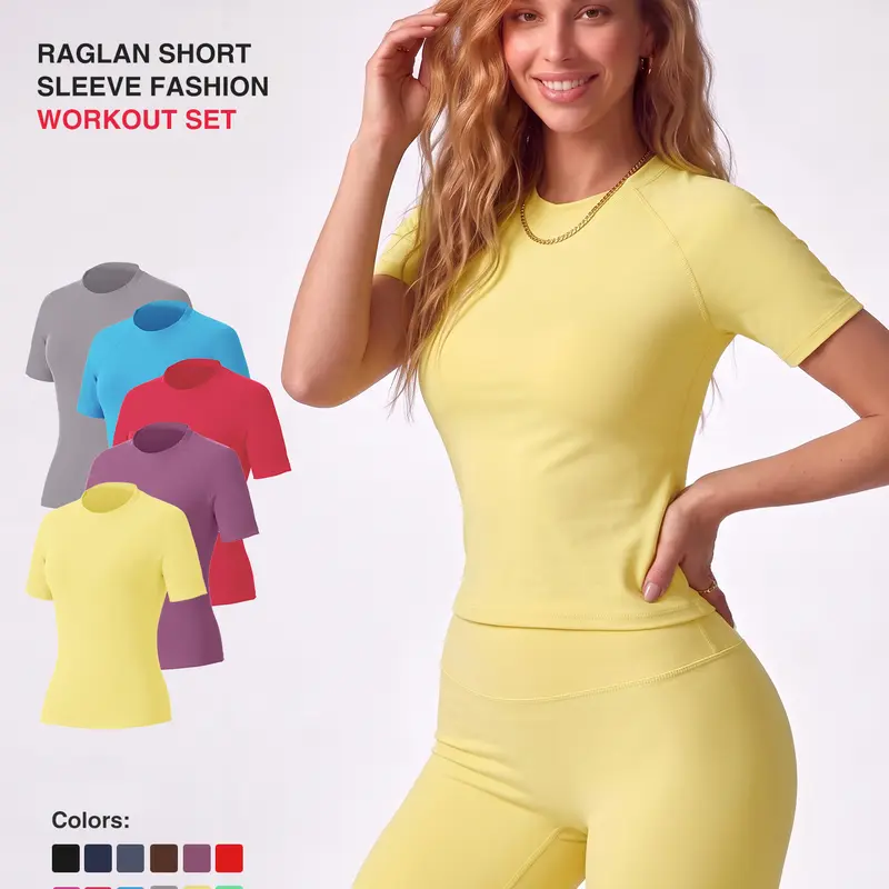 Uncia Active Women Stylish Raglan Short Sleeve Yoga Matching Set, Soft Stretch Crop Top & High Waist Biker Shorts Separates, Multi-Color Moisture Wicking Workout Activewear for Sports Daily Wear backtoschool,back to school,back to school haul tiktokshopba
