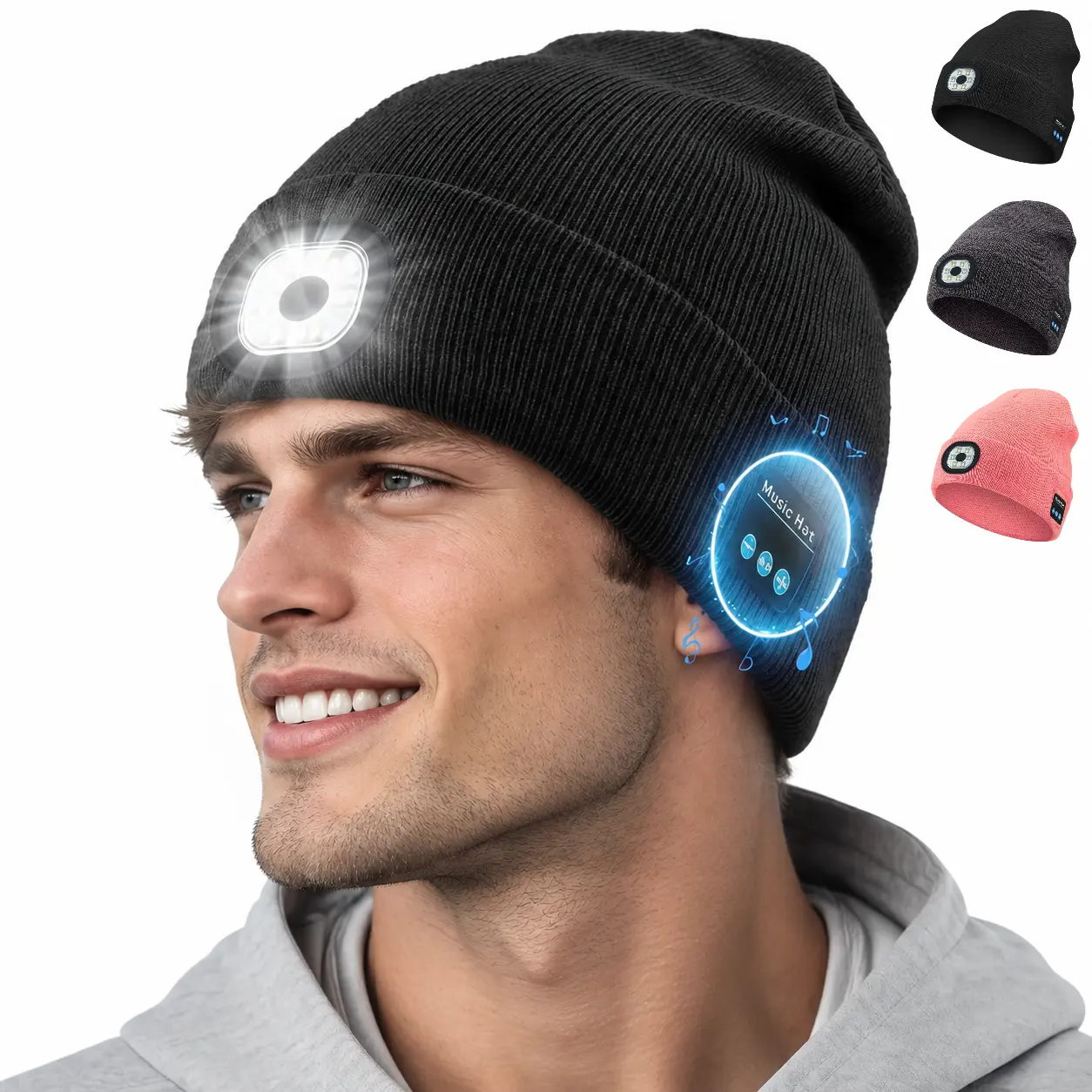 LED Beanie Hat with Wireless Music Headphones, Rechargeable Headlamp Knit Cap for Men Women Running & Camping