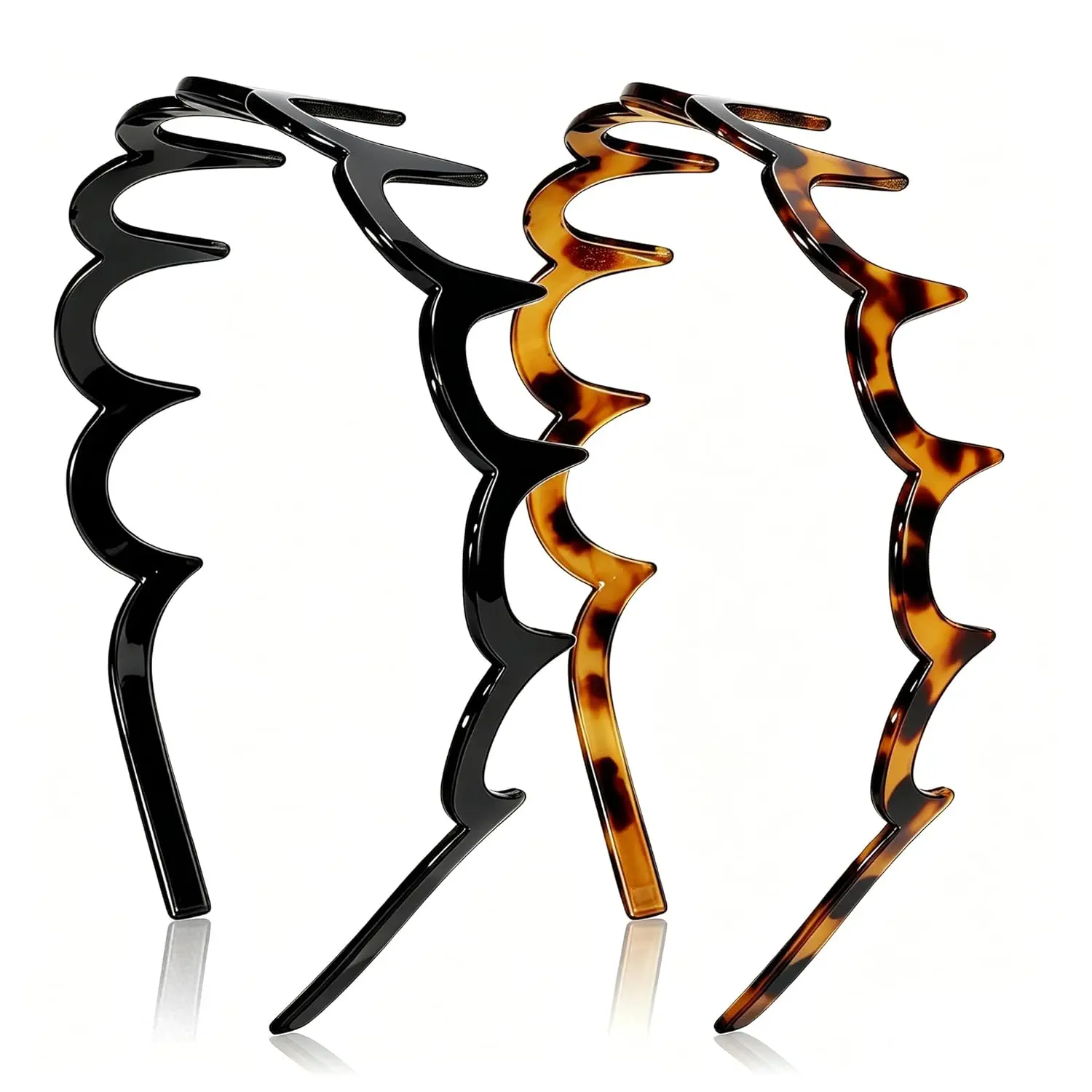 Zigzag Headbands for Women, 2 Pack Non-Slip U-Shaped Zig Zag Headbands with Teeth, Fashion Accessories for Slicked Back Styles, Comb Headband for Everyday Styling & Workout - Black and Tortoise