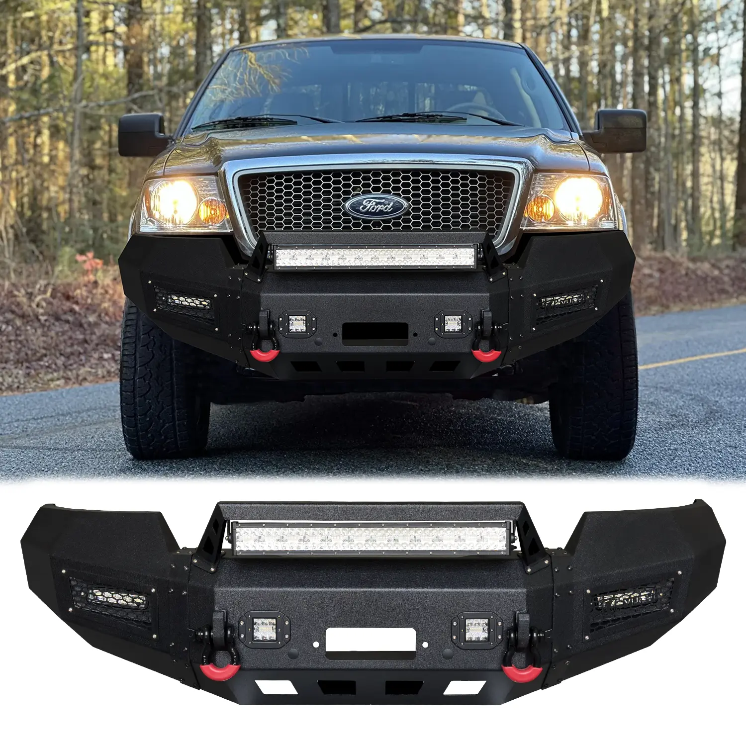 Vijay Black Texture Steel Front Bumper for 2004-2008 Ford F-150, Auto Parts Accessories with Winch Plate, 2 D-Rings, LED Lights, Automotive Tools for Off-Road Performance Simple screw installation