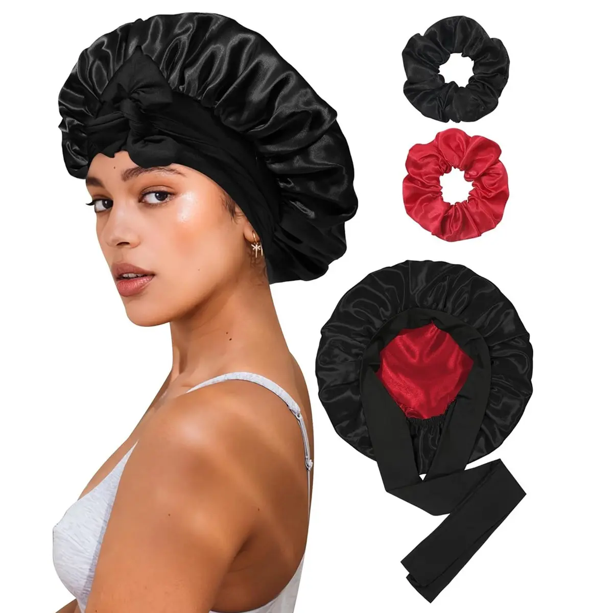 Black-Red Bonnet + 2Pcs Scrunchies 