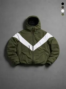 Vintage army green hooded aviator jacket featuring a large V-shaped white color block at the chest, diagonal zip pockets, and an adjustable snap-button hood; wrinkle-resistant woven fabric with a full-length front zipper; suitable for afternoon dog walks