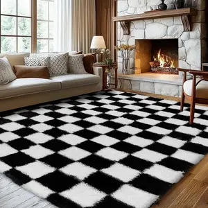 Soft Rugs for Living Room, 5x7 Ft Black and White Checkered Fluffy Shaggy Rugs for Indoor Use, High Pile Ultra Fuzzy Rug for Bedroom   Rooms,Home Decor Aesthetic