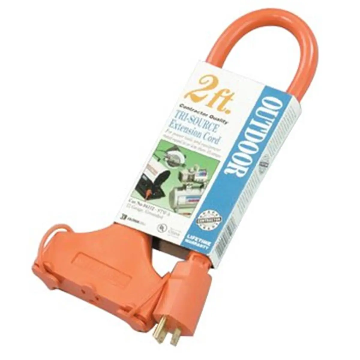 Coleman Cable 2 ft Outdoor Extension Cord, 3-Outlet Power Block, 12/3 Heavy-Duty Weather-Resistant STW-A Wire, 15A / 125 VAC, 600V, Orange