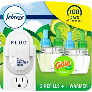 Febreze Plug In Air Freshener, Odor-Fighting Scented Oil Starter Kit, Air Fresheners for Home and Bathroom and Kitchen, Long Lasting for Strong Odors, Gain Original Scent, Warmer + 2 Refill