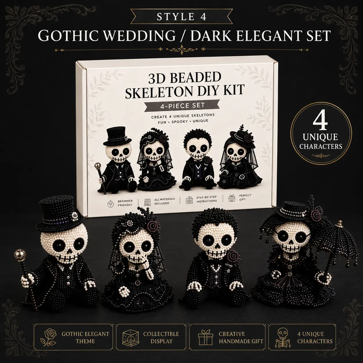 3D Beaded Skeleton DIY Kit 4-Piece Set, Cute Spooky Halloween Craft Kit for Adults Beginners, Handmade Beading Ornament Gift