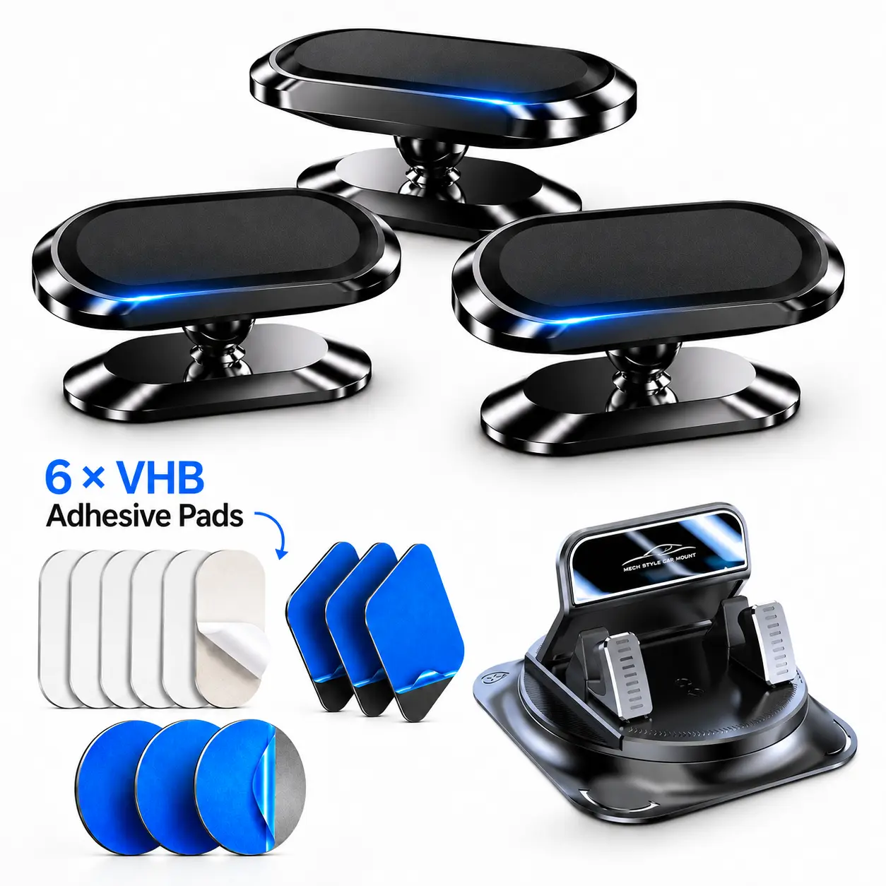 3PCS Magnetic Car Phone & Tablet Mount Bundle with Fast Car Charger, Bluetooth Adapter & Car Mount Accessories – 360° Adjustable In-Car Navigation & Charging Kit