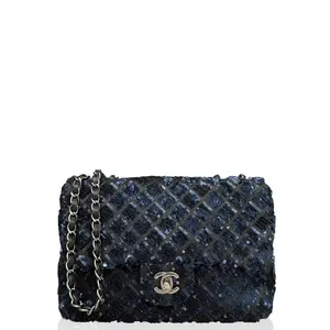 Pre-owned CHANEL Leather Shoulder Bags Medium Single Flap Sequin Satin Lambskin Blue (jx030926a7)