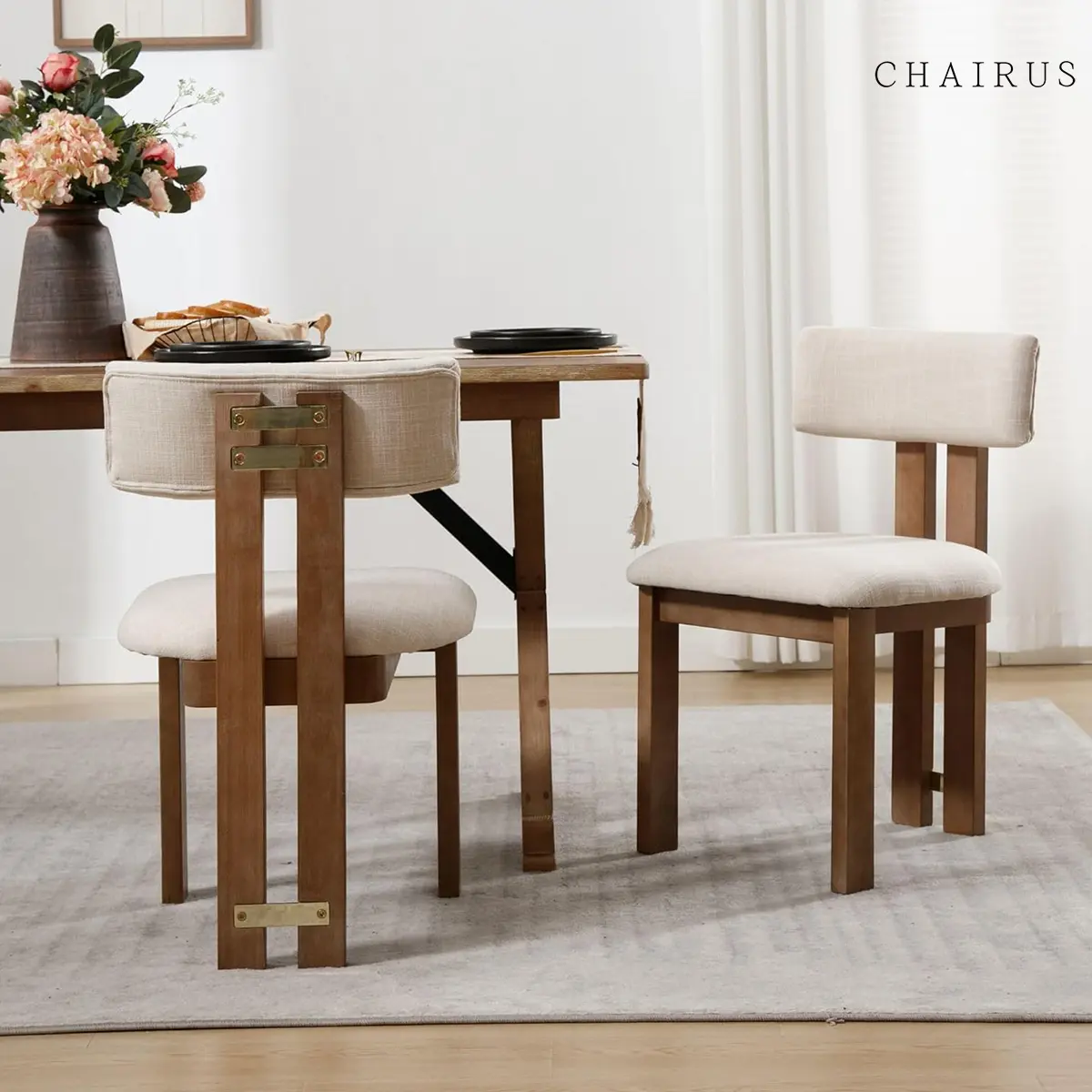 CHAIRUS  Modern Farmhouse Linen Dining Chairs Set of 2, Beige Fabric Upholstered Dining Room Kitchen Chairs with Curved Backrest and Natural Wood Legs, Armless Accent Wood Chairs for Dining Living Room