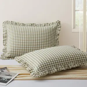 2 Pcs Plaid Ruffle Pillow Case Standard Size, Ruffled Gingham Cotton Pillowcases 20x26 Inch, Linen Feel Plaid Bed Pillow Shams with Envelope Closure for Sofa Bed (Sage Green Plaid)