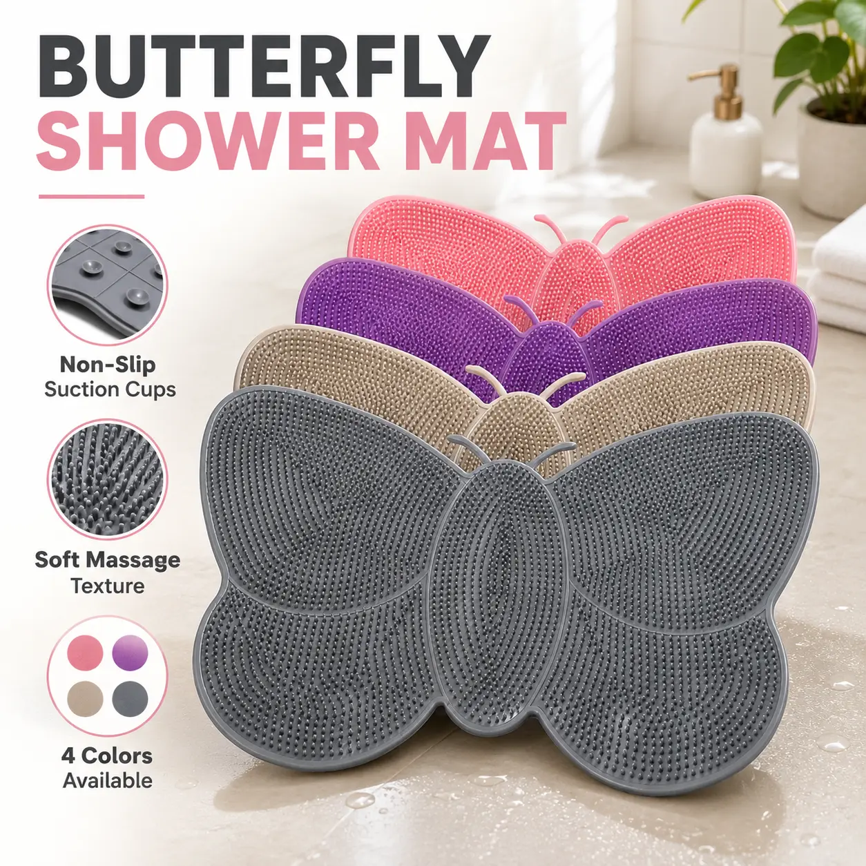 Butterfly Silicone Foot Scrubber, Massage & Bath Mat for Shower, Non-Slip Foot Washer and Exfoliating Floor Pad with Suction Cups, Easy-to-Clean Bathroom Essential for Adults & Elderly, Eco-Friendly & Lightweight (Pink/Brown/Gray), Bathtub