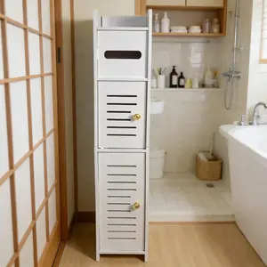 Small Bathroom Narrow Gap Storage Cabinet, Moisture-Proof Door, Top Paper Towel Holder, Minimalist Floor Standing Cabinet, Essential for Small Homes
