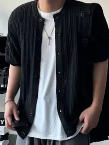 Men's Spring Summer Casual Loose Fit Knit Sweater, Vintage Korean Style Round Neck Button Front Cardigan, Knitwear, Perfect Gift Choice