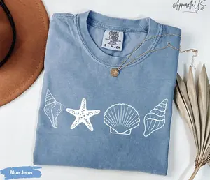 Comfort colors seashell starfish lineup shirt minimalist coastal beach aesthetic ocean shell graphic summer vibe womens t-shirts