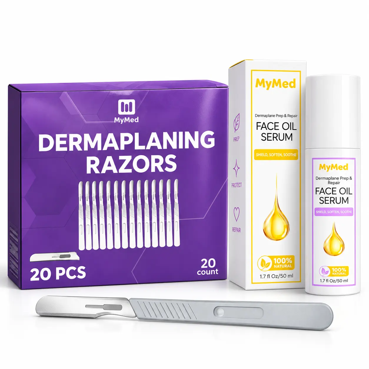 MyMed Cosmetic Dermaplaning Duo – 20 Facial Dermaplaning Razors + Face Oil Serum