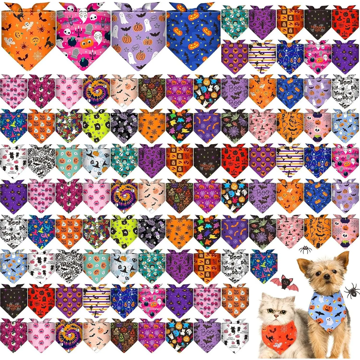 120 Pcs Halloween Dog Bandanas Bulk Pumpkin Ghosts Skeleton Pet Bandanas Dog Handkerchiefs Halloween Scarf Bibs Triangle Bibs Adjustable Kerchief Pet Grooming Costume Accessories