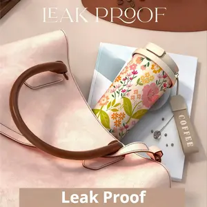 1pc/18oz Floral Insulated Coffee Cup with Carrying Strap, 24H Cold/12H Hot Leakproof Thermal Mug, Cream Travel Tumbler for Office, Commuting & Outdoor Picnic, Ideal Gift for Her, Women & Students