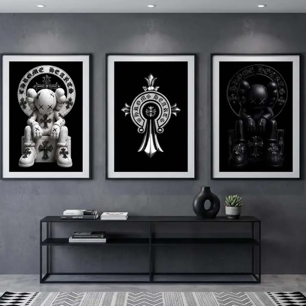 Chrome Hearts Hypebeast Kaws Wall Art Set of 3, Graffiti Poster,Trendy Living Room Decor, Retro Wall Art,Dopamine Decor Poster Unframed HD Print Home Office Decor Unique Trendy Christmas Gift