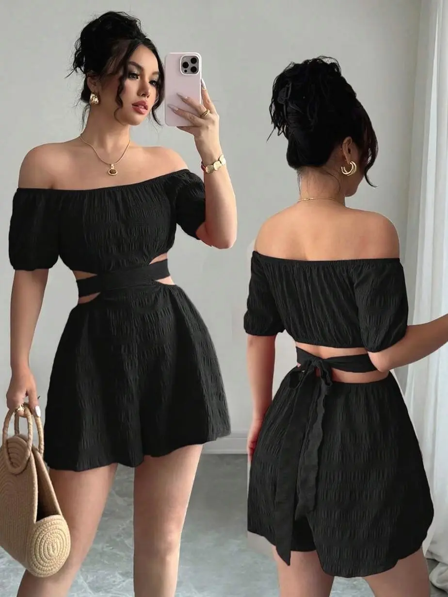 Off The Shoulder Jumpsuit, Casual Backless Bow Romper for Summer Vacation