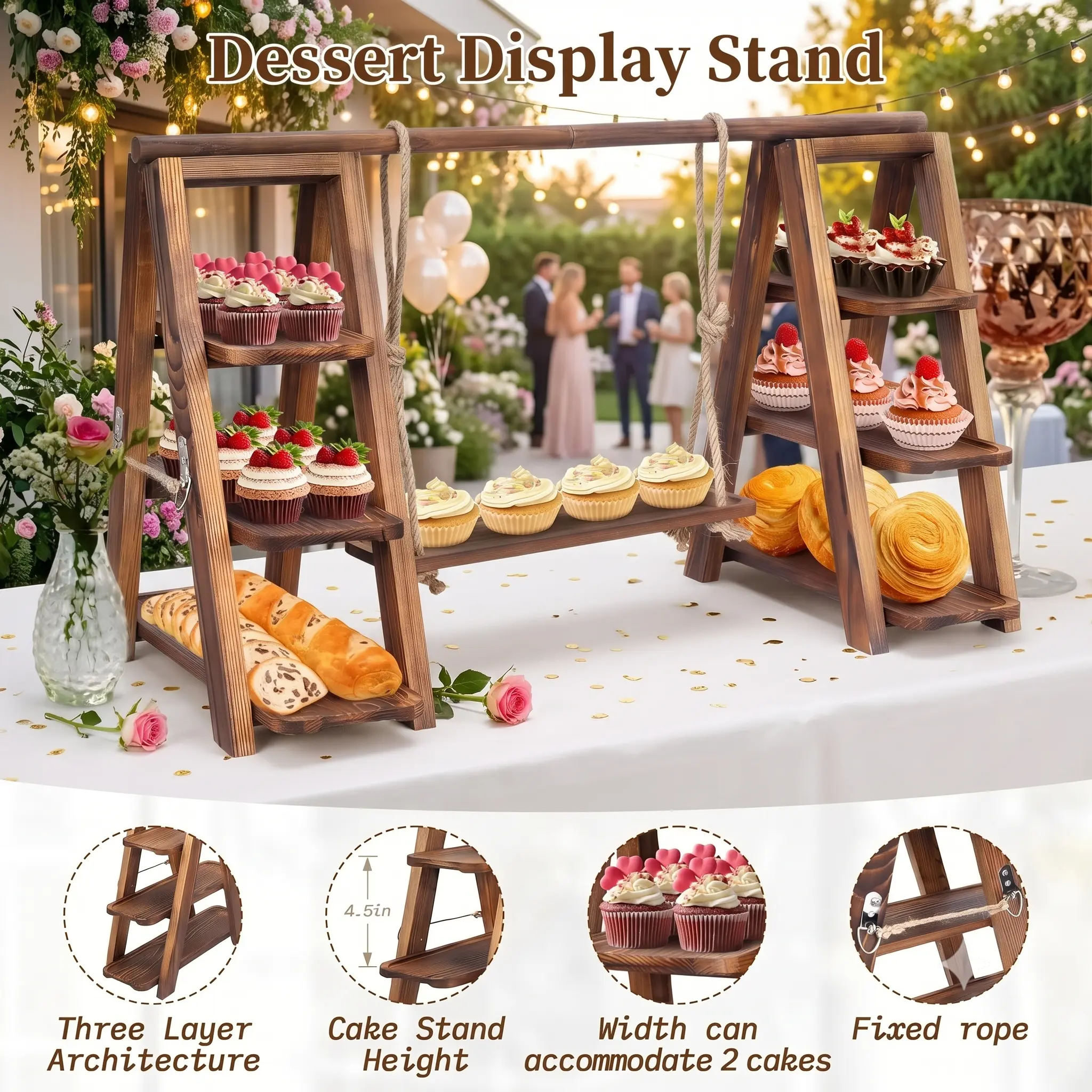 Wooden 3-Tier Serving Tray - Farmhouse Romance Decor Cake Stand, Bread Basket, Ornaments for Wedding, Party Charcuterie Displays (Cake Stands for Party)