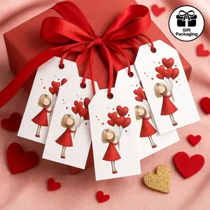 48pcs/set Valentine's Day Gift Tags with Twine Charming cartoon girl with balloons Perfect for Valentine's Day, anniversaries, weddings, and celebrations of love Includes envelopes and gift tags