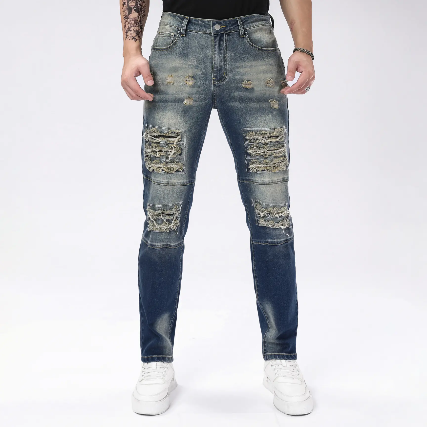 Men's Stone-Washed Slim Fit Jeans, Multi-Layer Raw-Hem Ripped Style with Knee Slits & Thigh Detail, Stretch Breathable Anti-Wrinkle Skin-Friendly Denim, Gradient Tone Street-Ready Bottoms, Versatile All-Season Gift