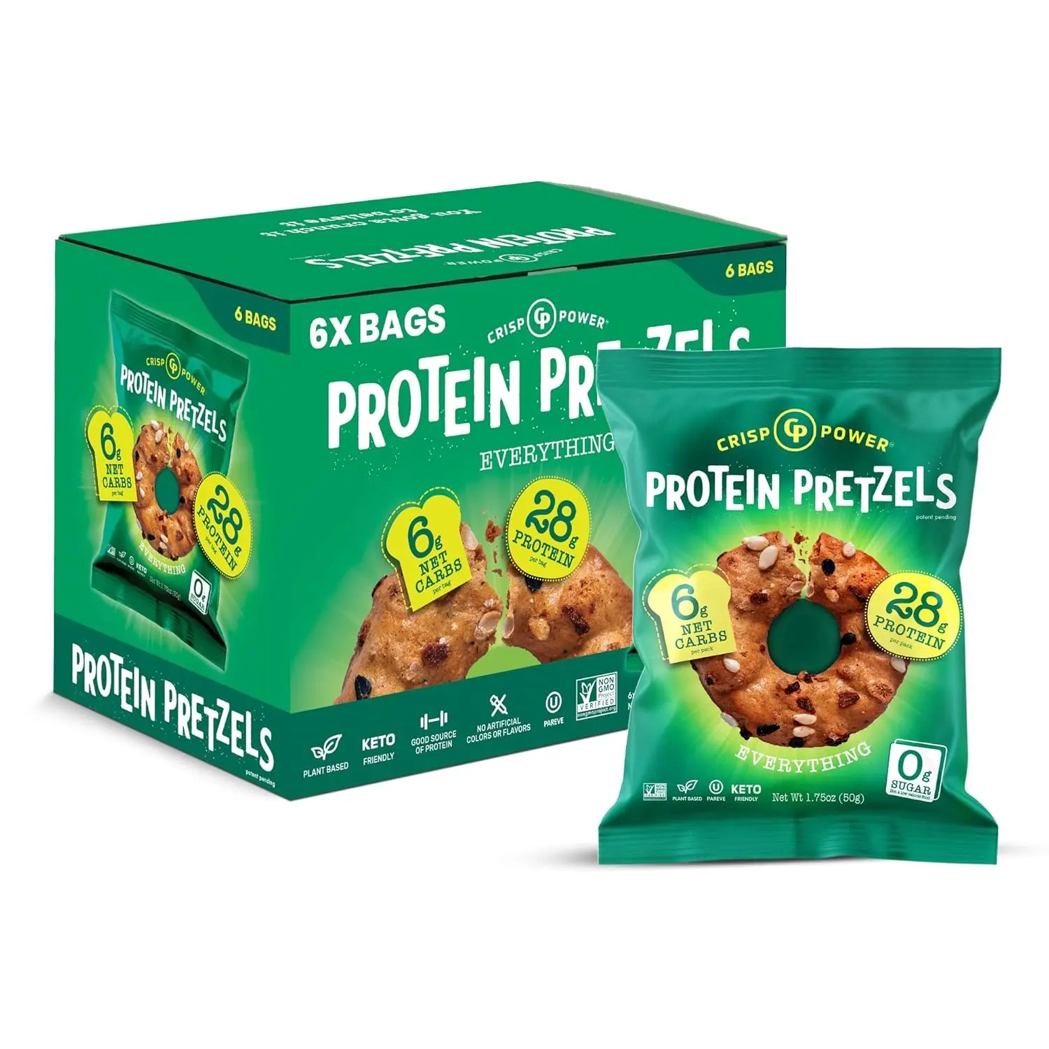 Crisp Power Protein Pretzels Everything Flavor, 28g Protein, 6g Net Carbs, 0g Sugar, Pack of 6 (1.75 oz Each), Snack, Crispy