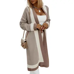 Chouyatou women's autumn color block long cardigan sweater casual loose knitted oversized coat