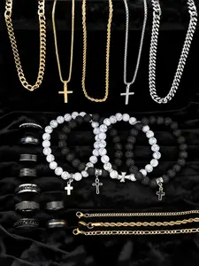 21-Piece Stainless Steel Jewelry Set for Men, Casual Punk Cross Pendant Necklace, Chain Bracelet, Ring Set, Perfect Gift for Dates