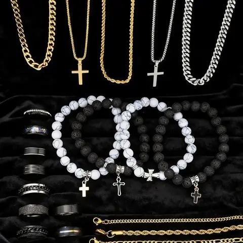21-Piece Stainless Steel for Men, Casual Punk Cross Pendant Necklace, Chain Bracelet and Ring Set, Perfect Statement Gift for Dates, Accessory Set