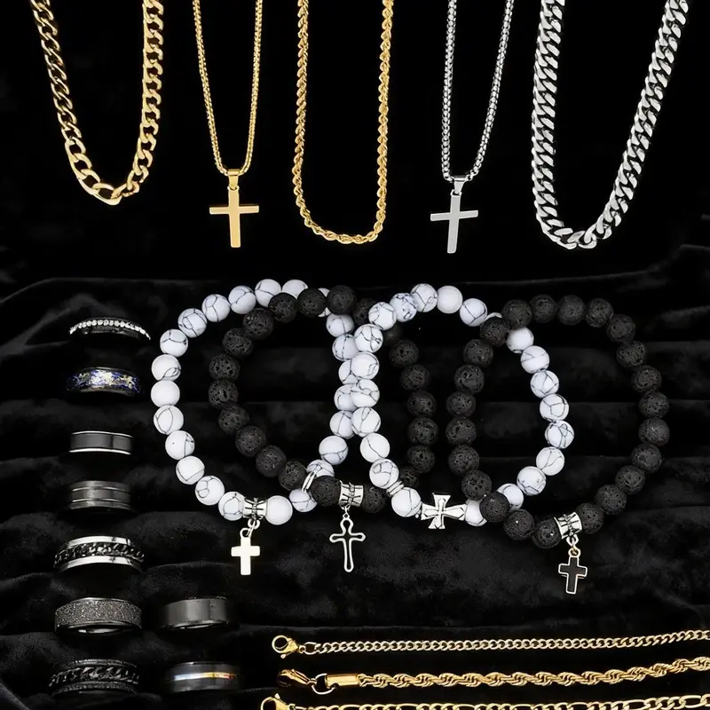 21-Piece Stainless Steel for Men, Casual Punk Cross Pendant Necklace, Chain Bracelet and Ring Set, Perfect Statement Gift for Dates, Accessory Set