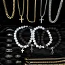 21-Piece Stainless Steel for Men, Casual Punk Cross Pendant Necklace, Chain Bracelet and Ring Set, Perfect Statement Gift for Dates, Accessory Set